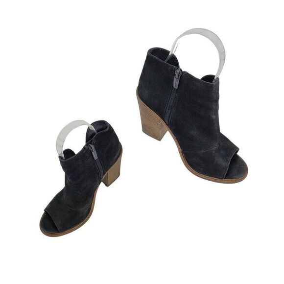 Vince Camuto Ankle Booties 6.5 Black Leather‎ Suede Stacked Block Heel Peep Toe - Picture 11 of 11